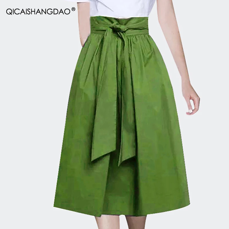 Fashion Mid-Length Solid Color Cotton Skirt Women\' Spring Summer High Waist A-line Skirts With Pockets Belt Lace-up Casual Skirt