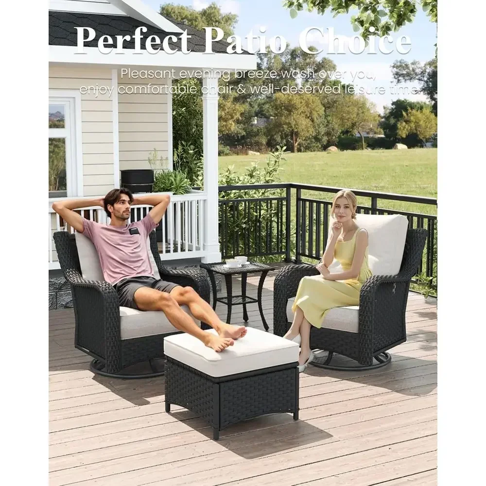3-Piece Wicker Outdoor Furniture Set with Cushions, High Back Swivel Rocking Chairs and Side Table