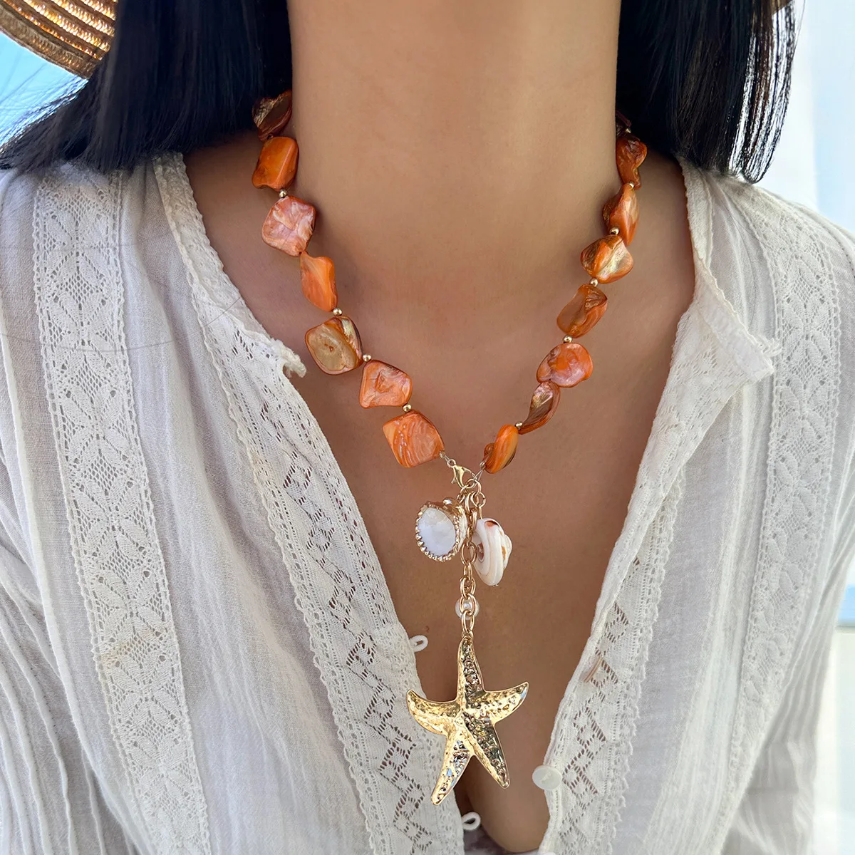 Boho Shell Sea Star Imitation Pearl Pendant Necklace 2024 Women's Simple Creative Orange Handmade Weaving Girls Beach Jewelry