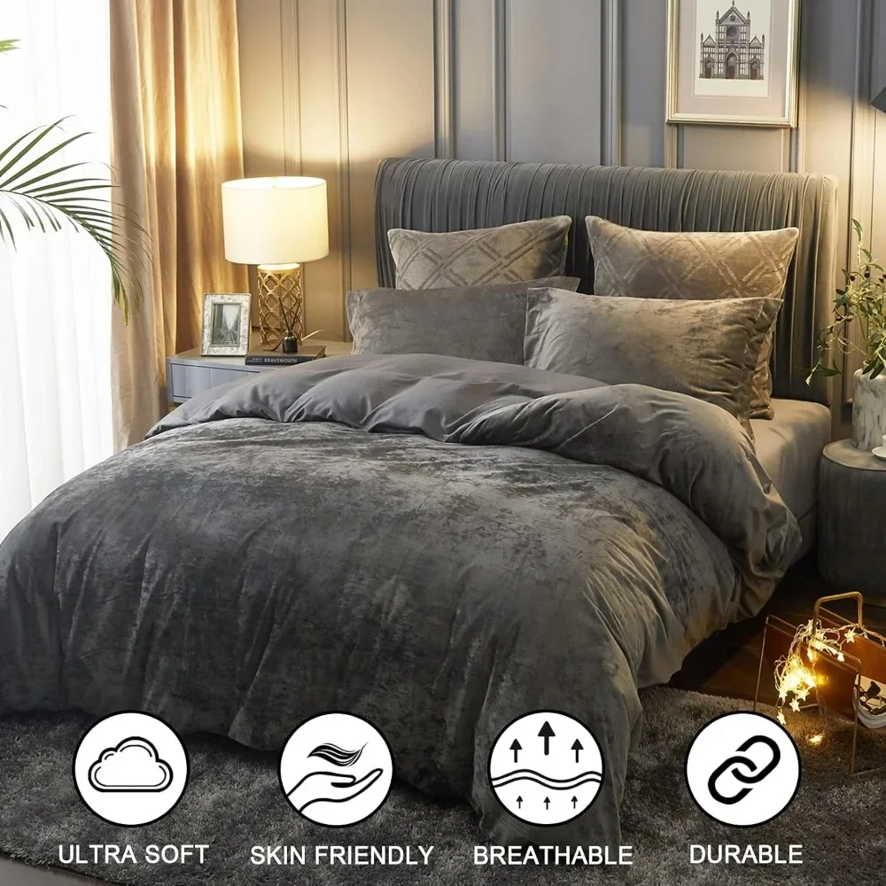 Truly Velvet Duvet Cover Set Queen Size, 3pcs Ultra Soft Breathable Comforter Cover Set, Luxury Cozy Flannel Duvet Cover