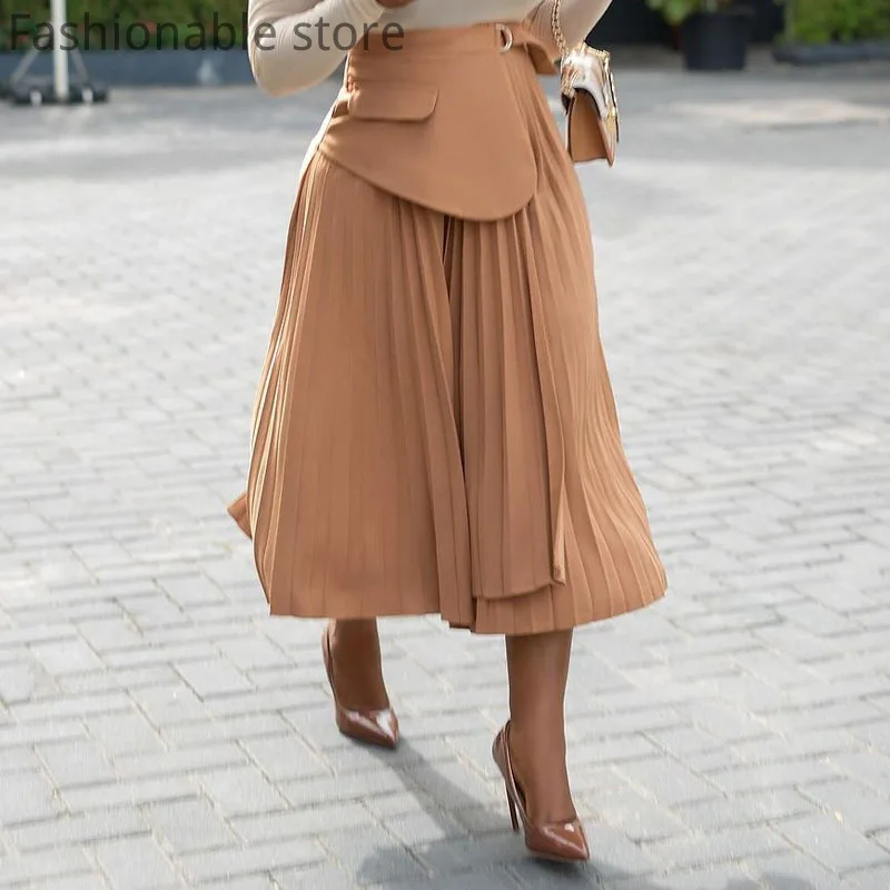 

Women Casual Solid Color High Waist Pleated Big Swing Maxi Skirt