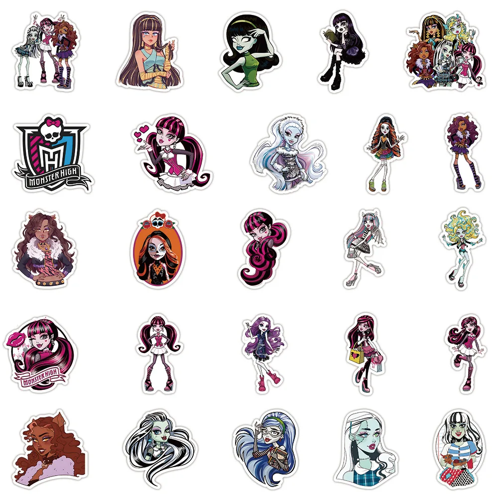 50Pcs Cute Animation Monster High School Graffiti Waterproof Skateboard Travel Suitcase Phone Laptop Luggage Stickers