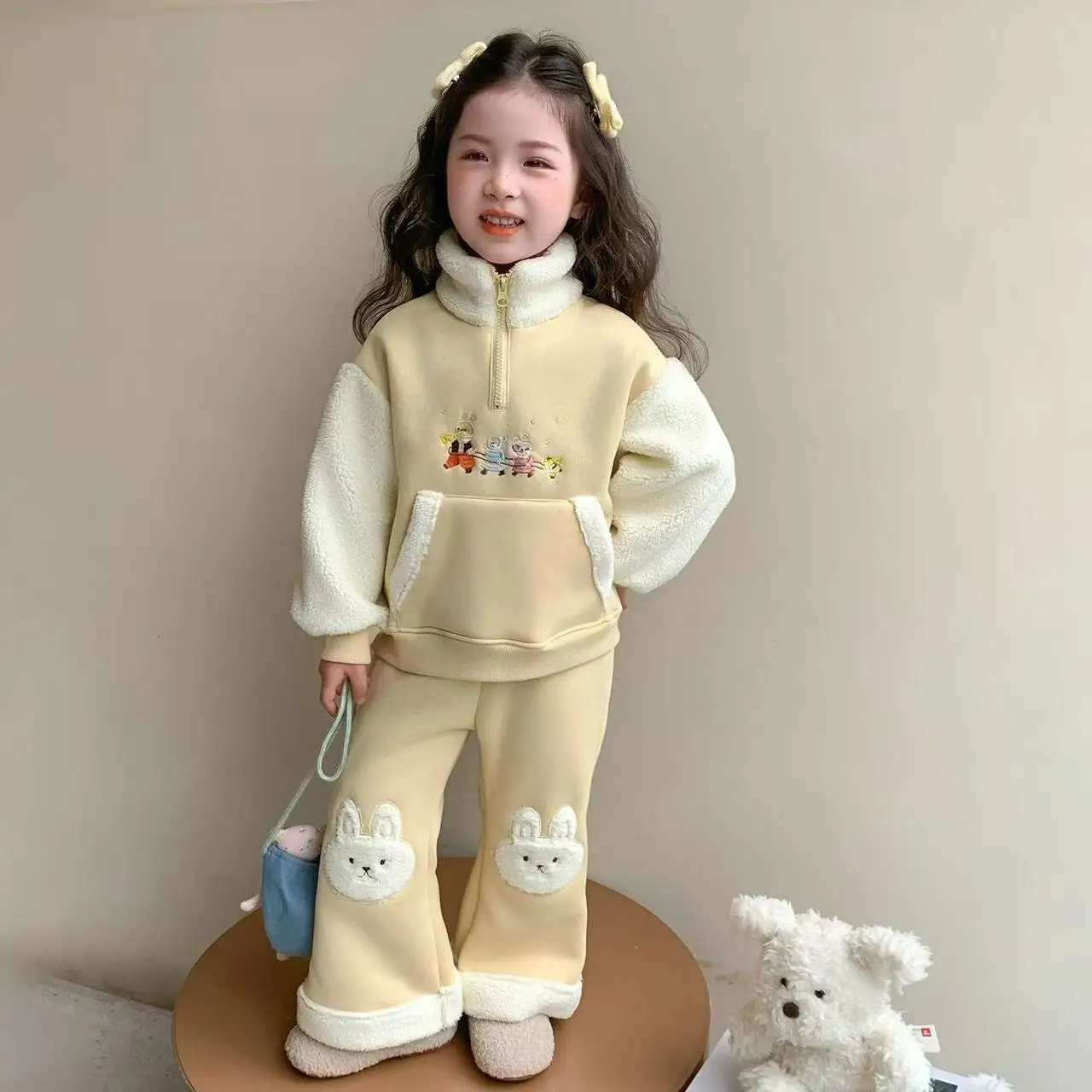 

Winter Children Girls 2PCS Clothes Set Cartoon Animal Fleece Spliced Kids Girl Sweatshirt Casual Thick Warm Rabbit Straight Pant