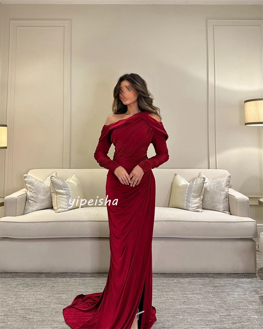 Customized Exquisite Sparkle Jersey Ruched Homecoming A-line Off-the-shoulder Bespoke Occasion Gown Long Dresses