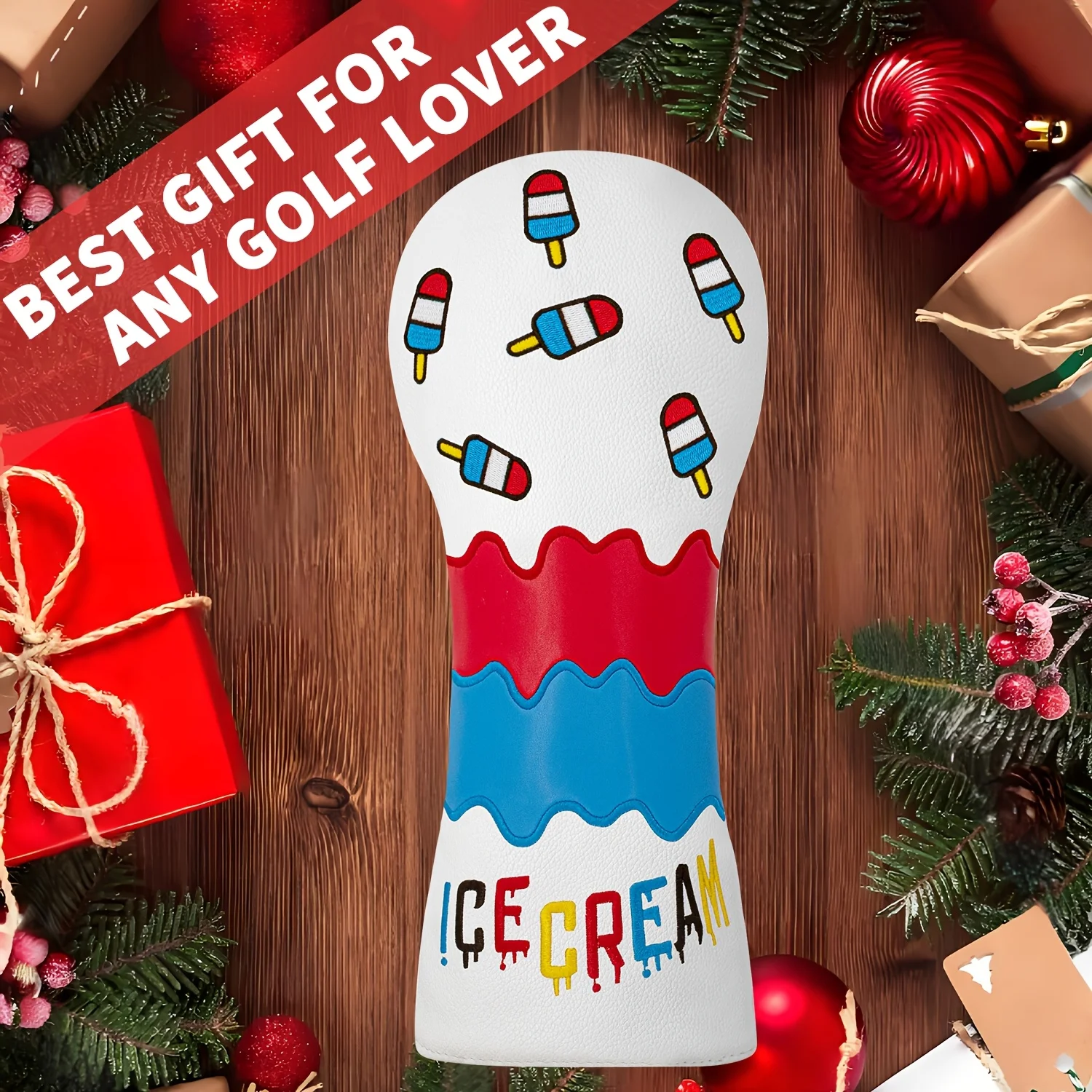 Ice Cream Pattern Golf Club Head Covers - White with Red,  & Yellow Swirls, "ICE CREAM" Design, Durable Golf Accessories image 2