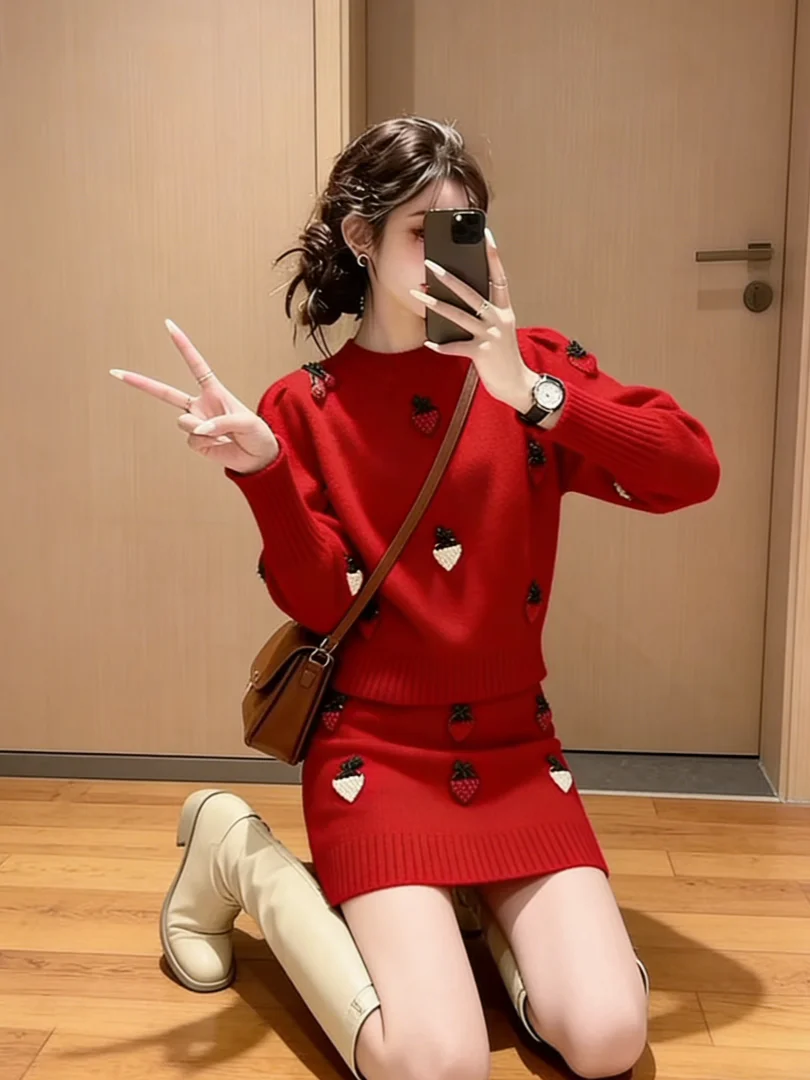 

Chic Korean Sle Winter Faion Set Loose Lazy Ele ort Sve Long Pants High Waist round Ne Print Pattern Adult Cas...