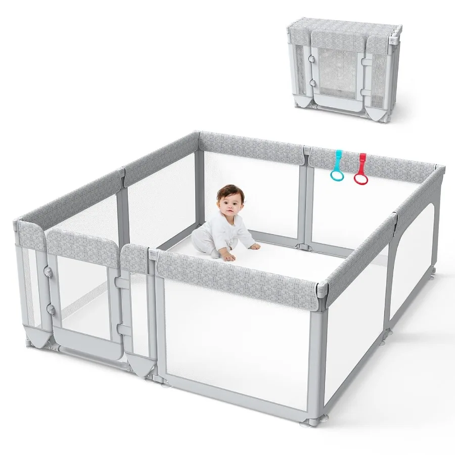 روضة أطفال مع بوابة، قلم لعب قابل للتعديل وقابل للطي، منطقة لعب سياج شديدة التحمل، روضة أطفال كبيرة (طباعة رمادية، 79 × 71 × 27 بوصة) #1
