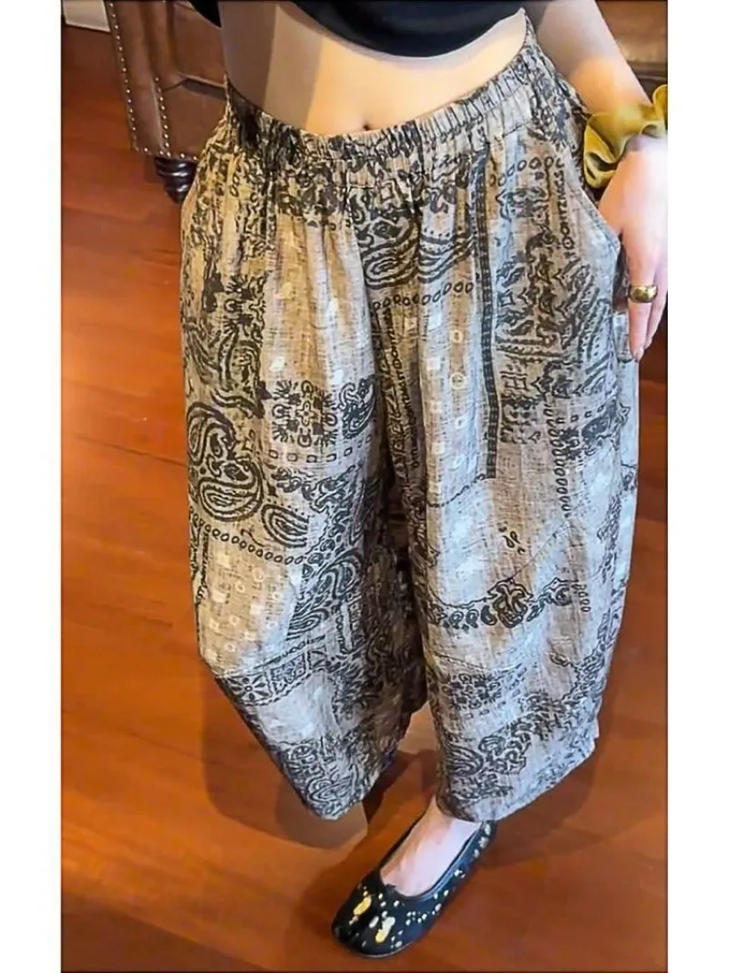 2025 ฤดูร้อนใหม่ Retro พิมพ์กางเกงบางผู้หญิงเอวสูงสบายๆกางเกงอเนกประสงค์แฟชั่นหลวมกางเกงขากว้าง