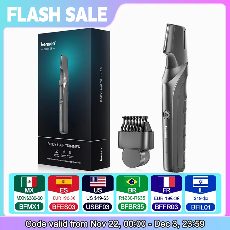 Kensen S6 Electric Body Hair Shaver for Men Groomer Clipper IPX5 Waterproof Groin Pubic Hair Trimmer with 2 Attachments Barber