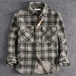 Vintage Japanese Men's Plaid Long Sleeve Shirt Spring Autumn Fashion Comfortable Corduroy Artistic Trendy Classic Shirts Tops
