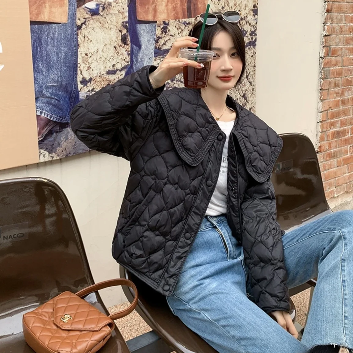 

Женское хлопковое пальто Ele ort с воротником цвета индиго, новинка зимы 2024, высококачественный модный дизайн в стиле AngFeng