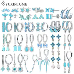 925 Sterling Silver Earrings Geometric Blue Turquoise Pendant Hoop gold Earrings for women Cute Romantic Fashion Wedding Jewelry