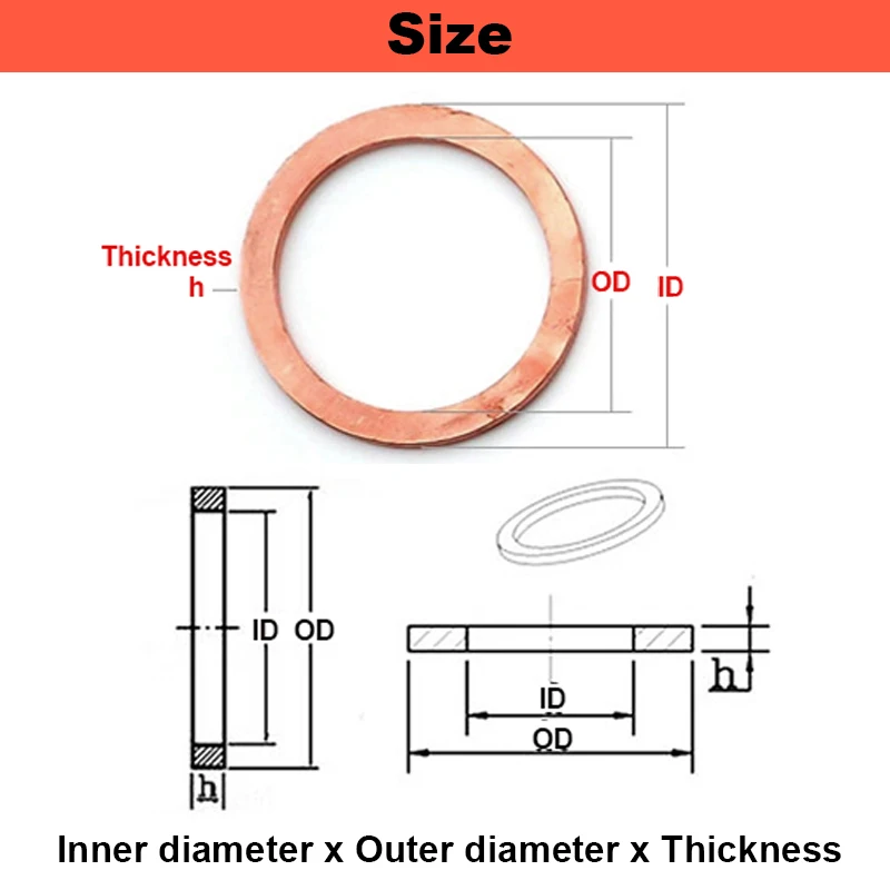 T2 Copper Pure Copper Gasket Sealing Flat Gasket Thickness 1~3mm Gasket Inner Diameter of Marine Vehicle Locomotive M3 M5 M6~M48