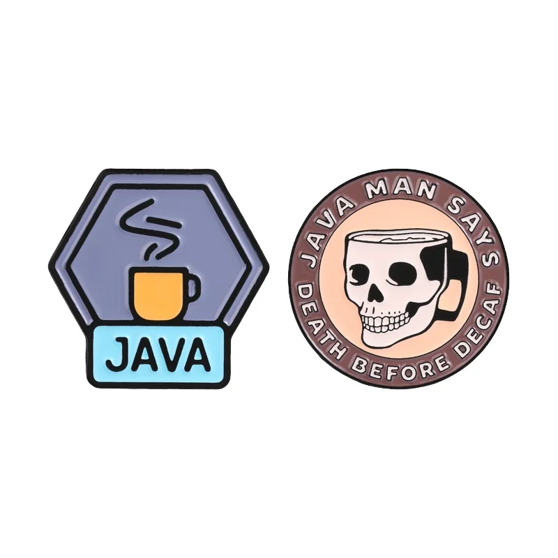 Java Coffee Death Before Decaf Enamel Pins Funny Humor Programmer Coding Skull Coffee Cup Brooches Bag Lapel Badge Jewelry Gift