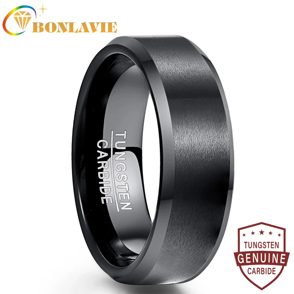 

BONLAVIE 8MM Tungsten Carbide Men Rings Bague Homme Classic Black Matte Surface Engagement Jewelry