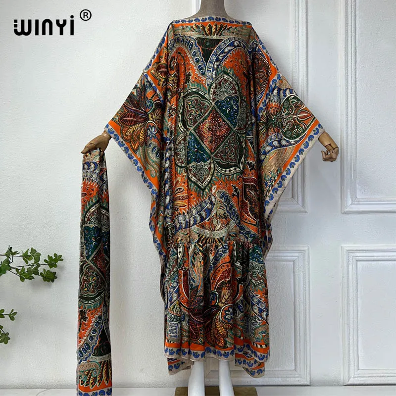 

WINYI summer comfortable high quality Elegant Fashion evening tassels dress Women Print abaya Middle East Female loose kaftan