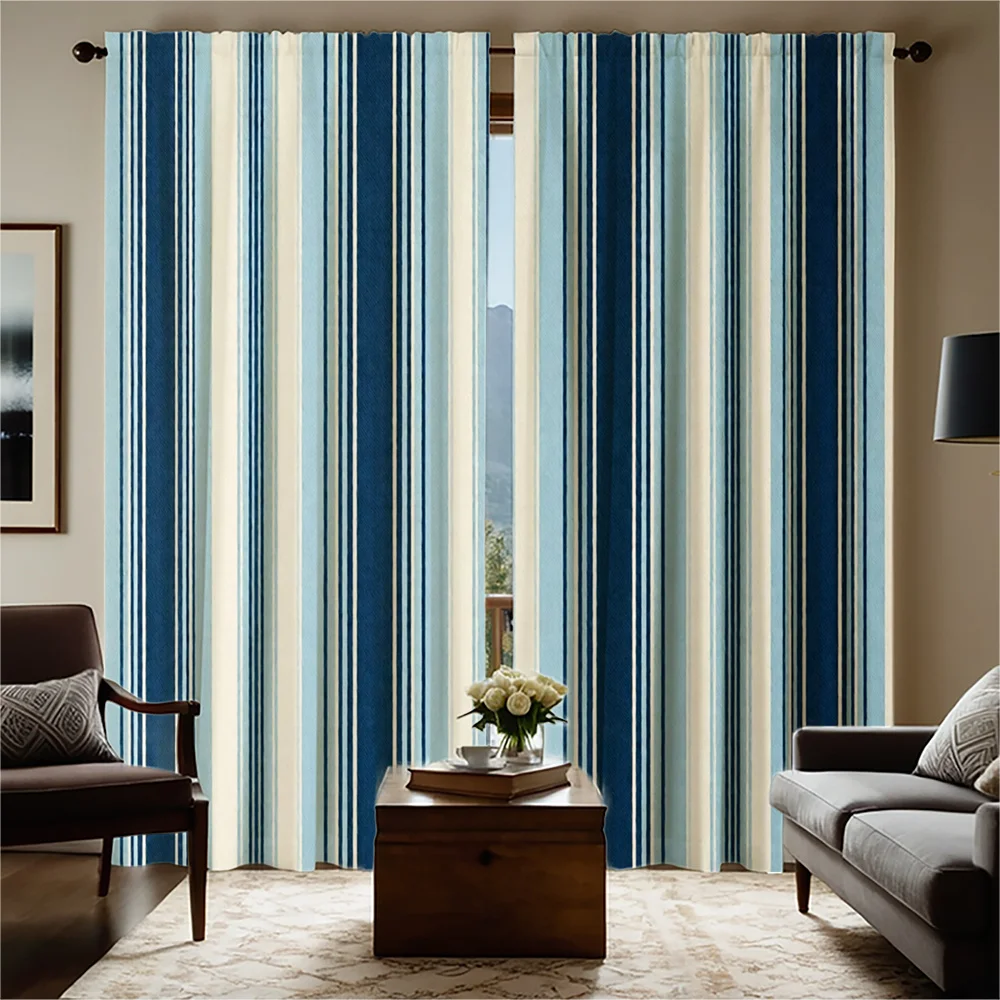 2pc Blue and White Vertical Striped Curtain Pair Living Room Curtains Modern Aesthetic Drapes Window Curtains for Home Decor