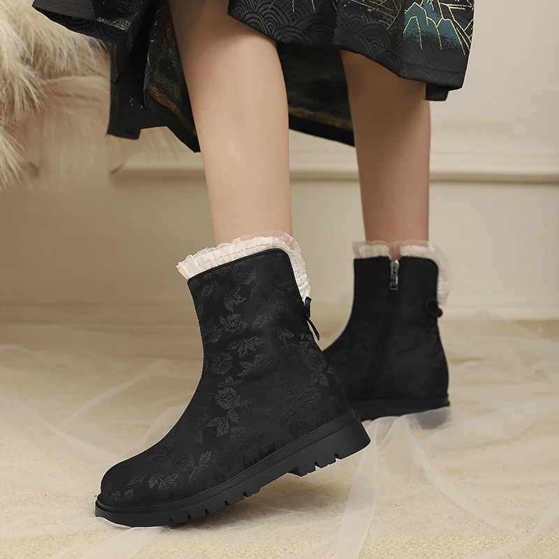 

YQBTDL 2026 Chinese Style Silk Leather Short Boots for Princess Round Toe Lace Ankle Botas Shoes Gilrs Mujer 9 10 11 12 13 14 16