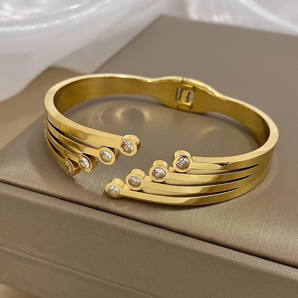 

Multi-layer Opening Rhinestones Bangle Stainless Steel Bracelet for Women Couple Fashion Gold Color Waterproof Jewelry Gifts