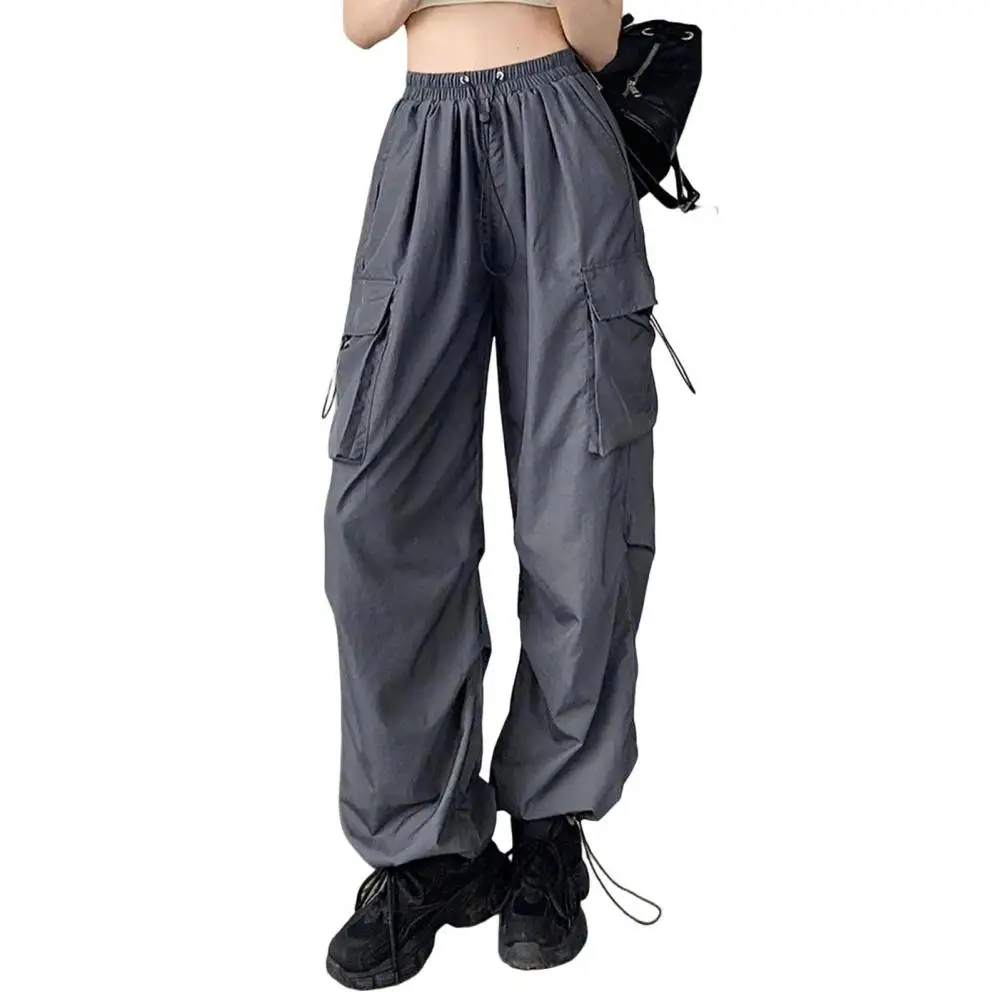 Y2K Parachute Black Elastic Waist Pants Women Streetwear Multi Pockets Cargo Trousers Harajuku Wide Leg Baggy Sweatpants