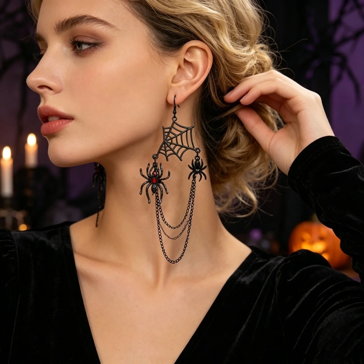Dunkelschwarze Halloween-Spinnennetz-Ketten-Quasten-Ohrringe für Damen, Cosplay-Party, Insekten-Spinnennetz-Ohrringe, Gothic-Schmuck – Detail 8