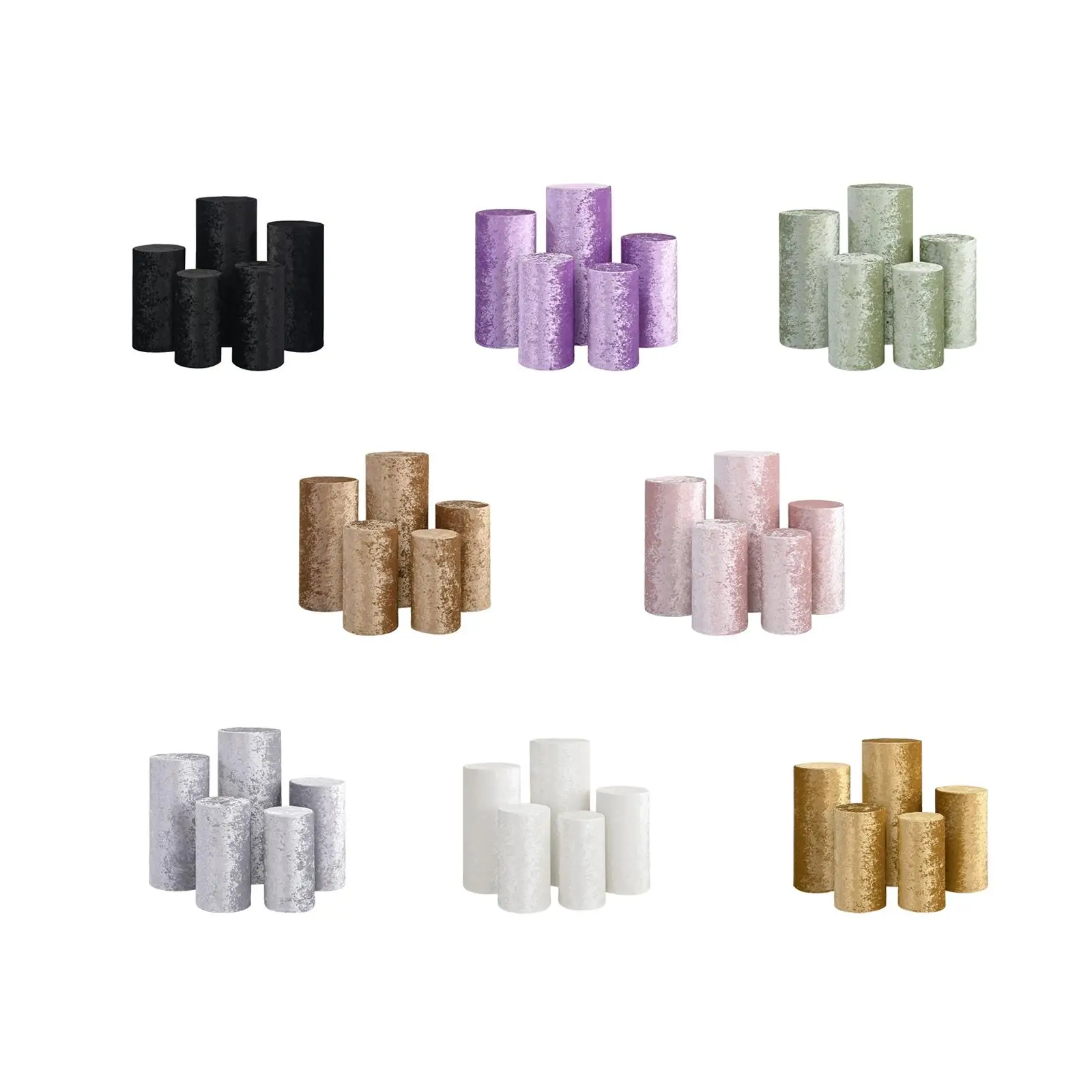 Set of 5 Velvet Cylinder Plinth Display Stand Covers, Premium Pedestal Pillar Prop Covers, Solid Color