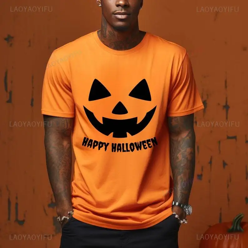 Cute Happy Halloween Pumpkin Face Graphic T Shirts Woman Man Autumn Orange High Quality Cotton T-shirt Trick or Treat Tops Tee