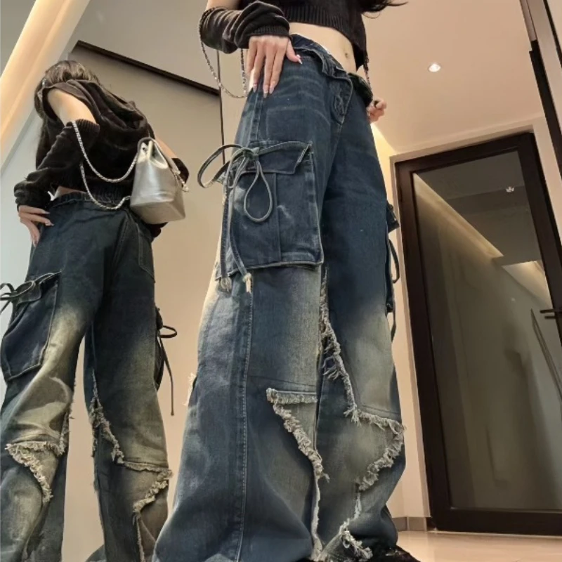 Pantalon en Denim Noir pour Femme, Vêtement de Travail, Poches Larges, Vintage, Pentagramme, Bord Brut, Streetwear, Baggy, Surintendant, Jean Décontracté