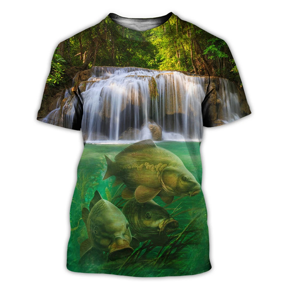 Summer Carp Fishing Print T-shirts For Men Outdoor Catfish Printing Loose Short Sleeve Quick Drying Tee Shirt Casual Street Top