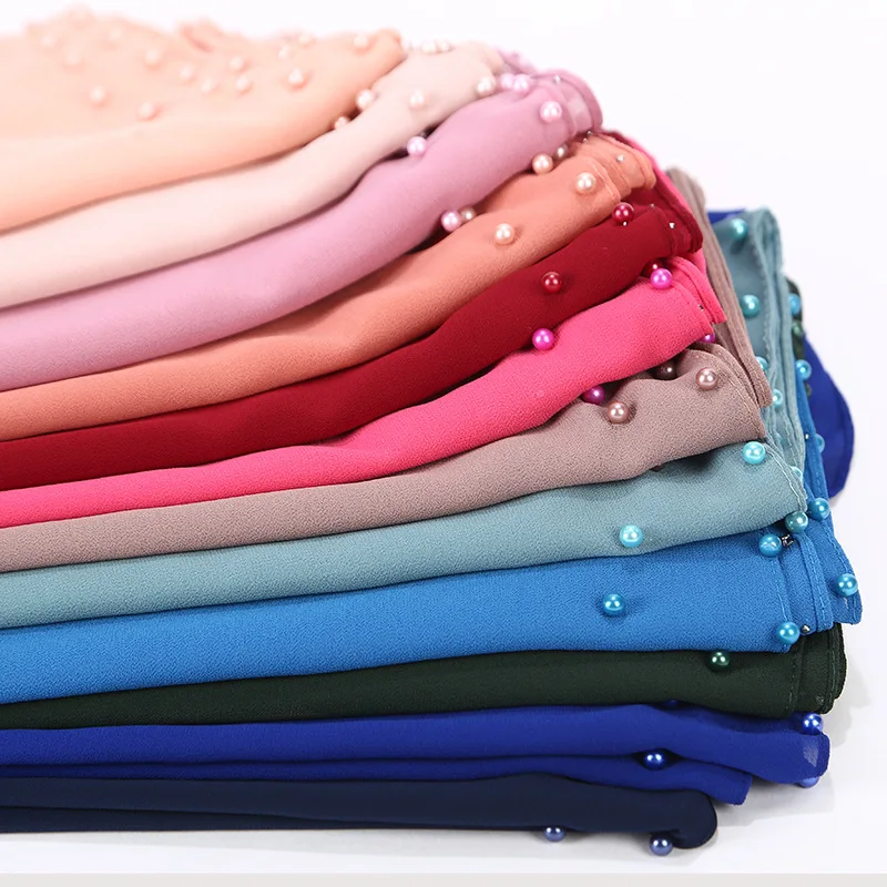 Bubble Chiffon Scarf Hijab Women Plain Shawls Beaded Pearl Hijab Muslim Woman Shawls For Veils Hijab Accessoires Ramadan