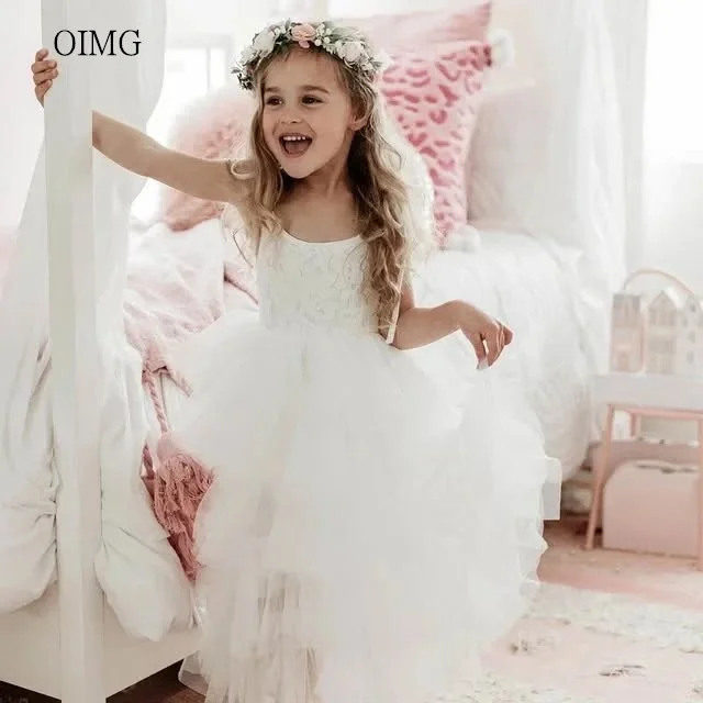 

OIMG Classic Ivory Ball Flower Girl Dresses Spaghetti Strap Gown Wedding Party Dress Multilayer Tulle Birthday Dress Customized