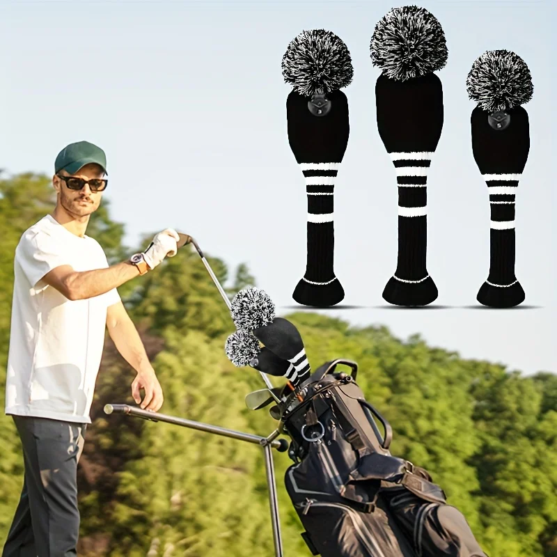 

Golf Club Head Covers Knit for Woods Driver Fairway Hybrid Headcovers Knitted Pom Pom Stripes Pattern
