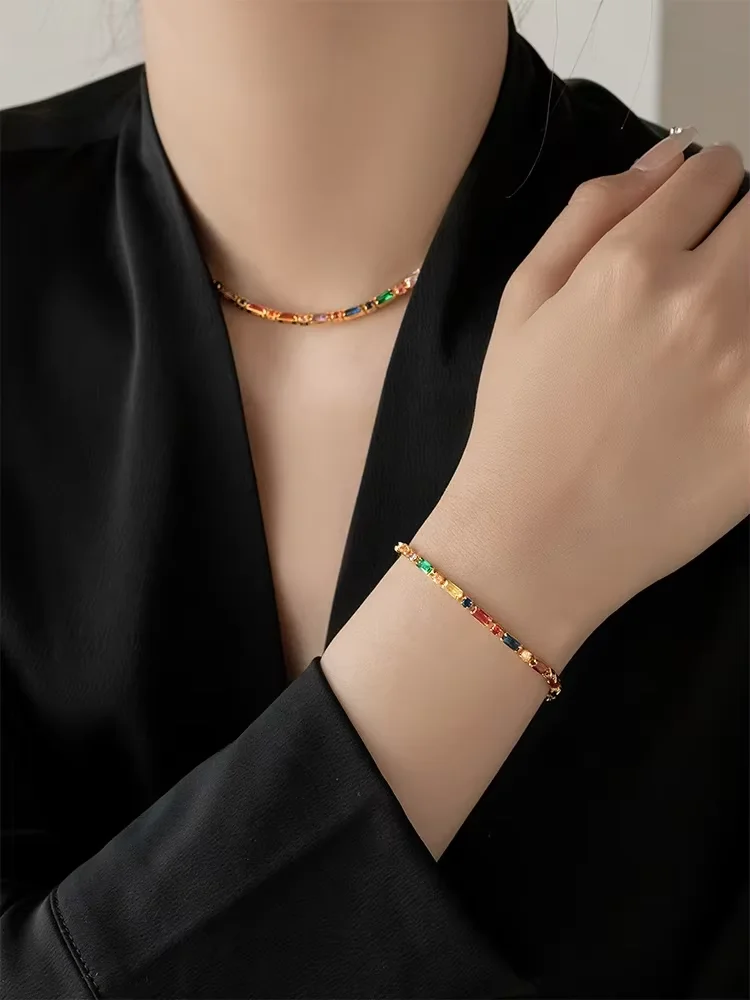 Dopaminfarbenes Zirkon-Design, goldfarbenes Kettenarmband, 2024, modisches Set, Schmuck, Luxus-Accessoires für Damen-Hochzeitsfeiern – Detail 11