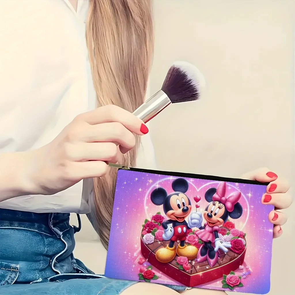 ディズニー ミッキーとミニー ピンクとゴールドのハート型プリント化粧品バッグ、ジュエリー収納バッグ、完璧な旅行用ジッパー収納バッグ - 楽しい誕生日プレゼント 1個