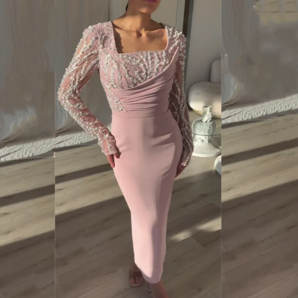 Robe mi-longue droite en Jersey, personnalisée, perles, col carré, sur mesure, robe de soirée à paillettes pour femmes, haute qualité