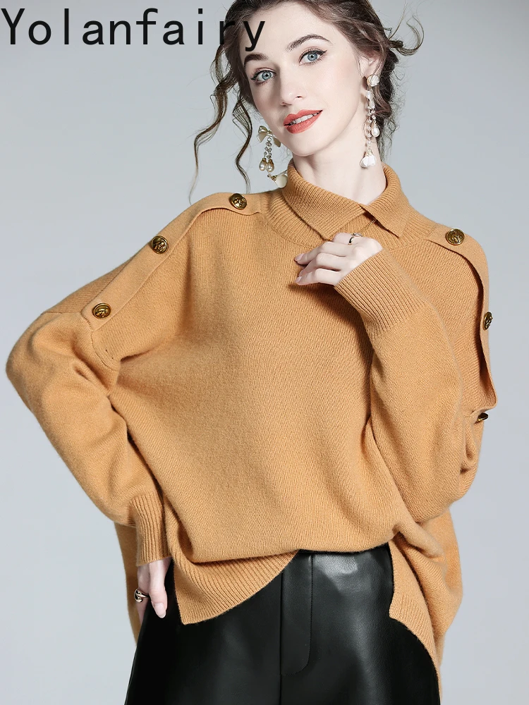 YOLANFAIRY 89% الصوف 11% سترة الكشمير المعنقة امرأة عالية الرقبة الخريف الشتاء الكورية موضة البلوفرات النسائية بلايز محبوك البلوزات