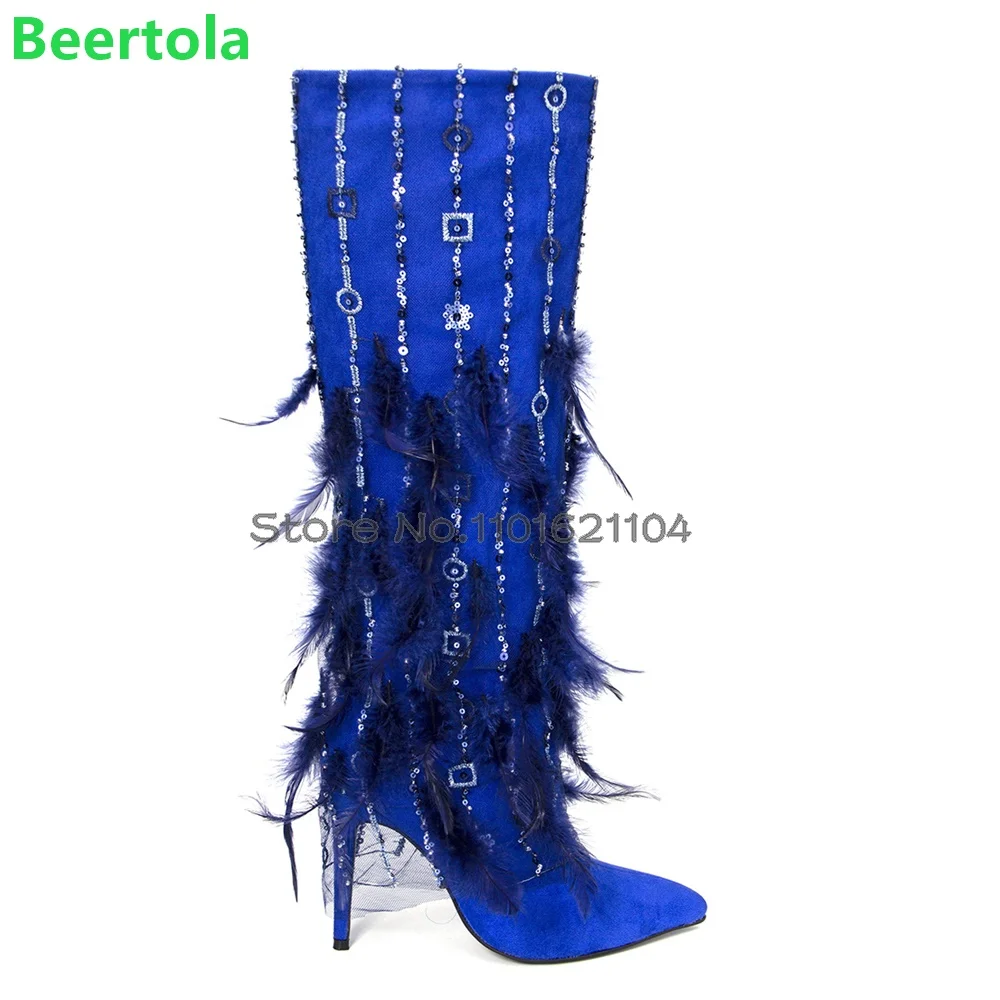 

Sequin Feathers Pointed Toe Boots For Female Women 2024 New Thin High Heel Side Zipper Knee-high Solid Elegant Fashion Shoes