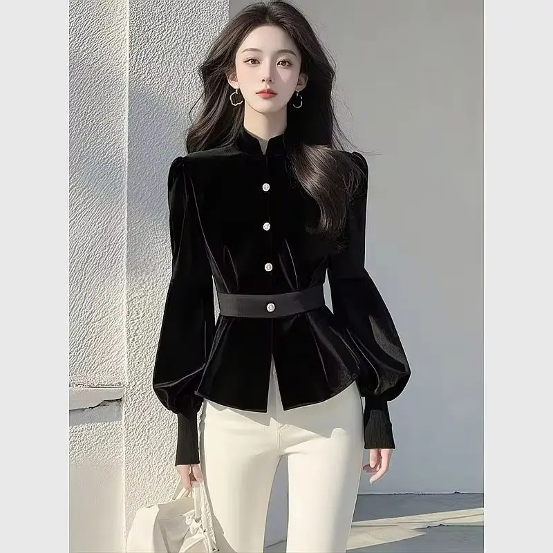 

2025 New Black Velvet Top Women's Spring Long Sleeved Niche Design Sense Chic Elegant Casual Waist Shirt Solid Blouse Ladies
