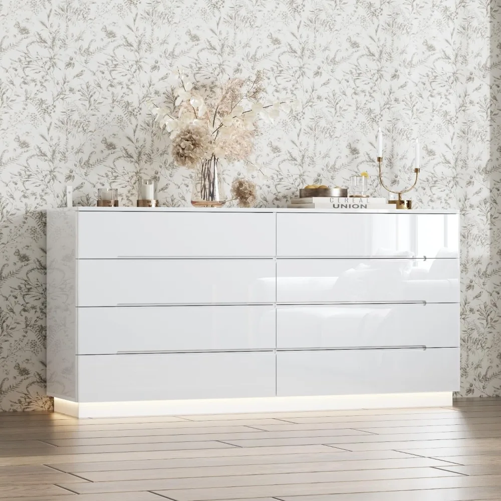 

White Drawer Dresser with LED Light, Modern High Gloss Dresser with 8 Drawers, 63" Long Dresser Double Dresser Storage Chest