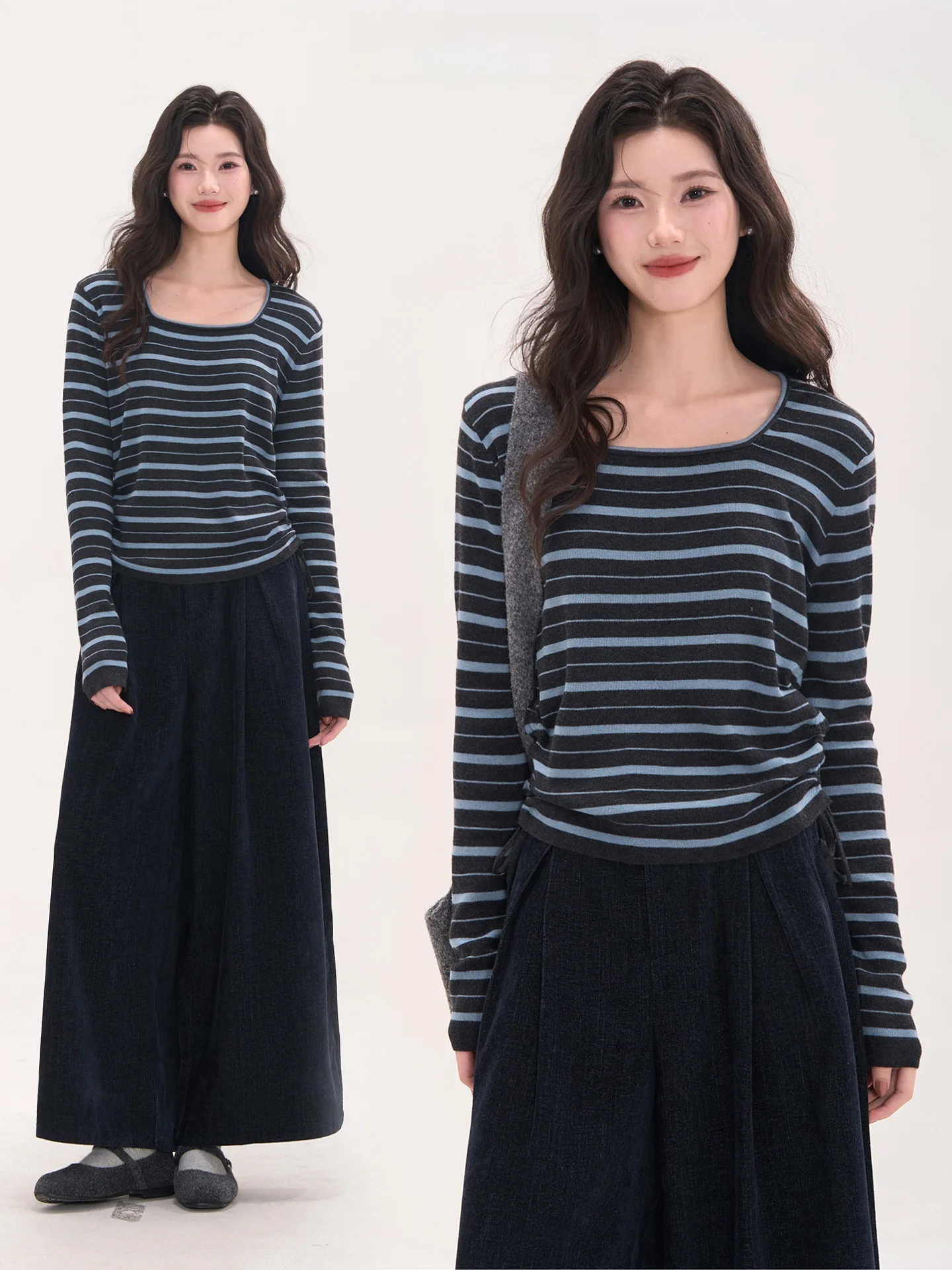 

Вязаная женская футболка с длинным рукавом в полоску, облегающая, с квадратным вырезом, с принтом «Цветочное поле и побережье»