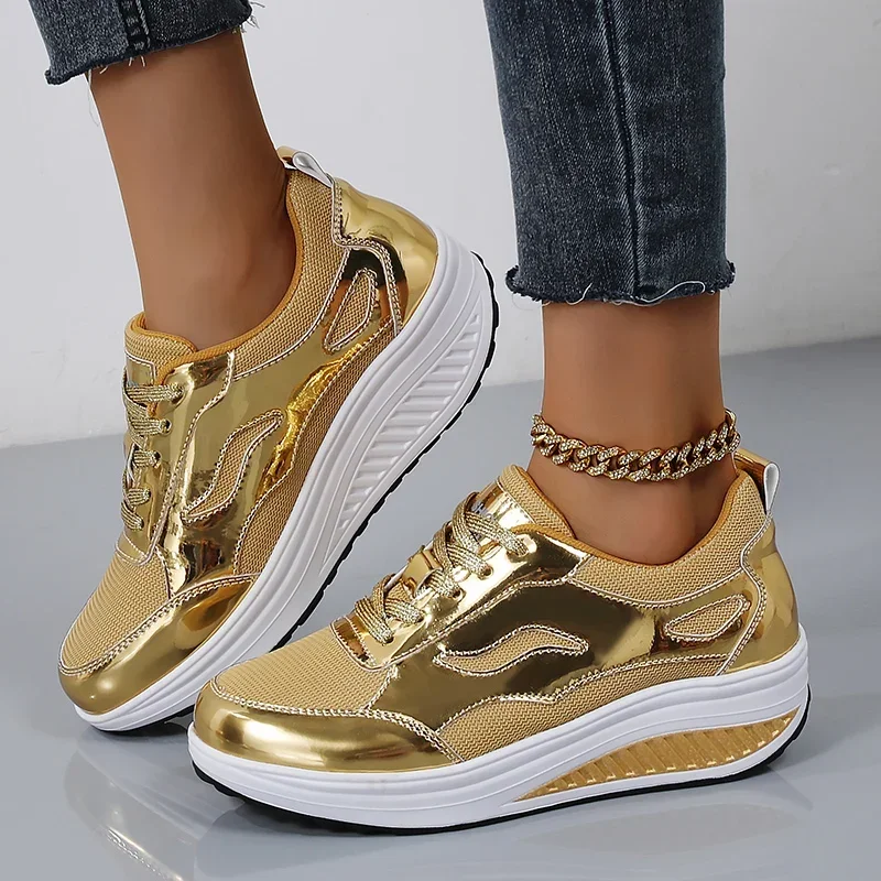 Female Plus Size 35-43 Running Sport Shoes Gold Silver Women Athletic Sneakers Breathable Lady Girl Walking Training Shoes