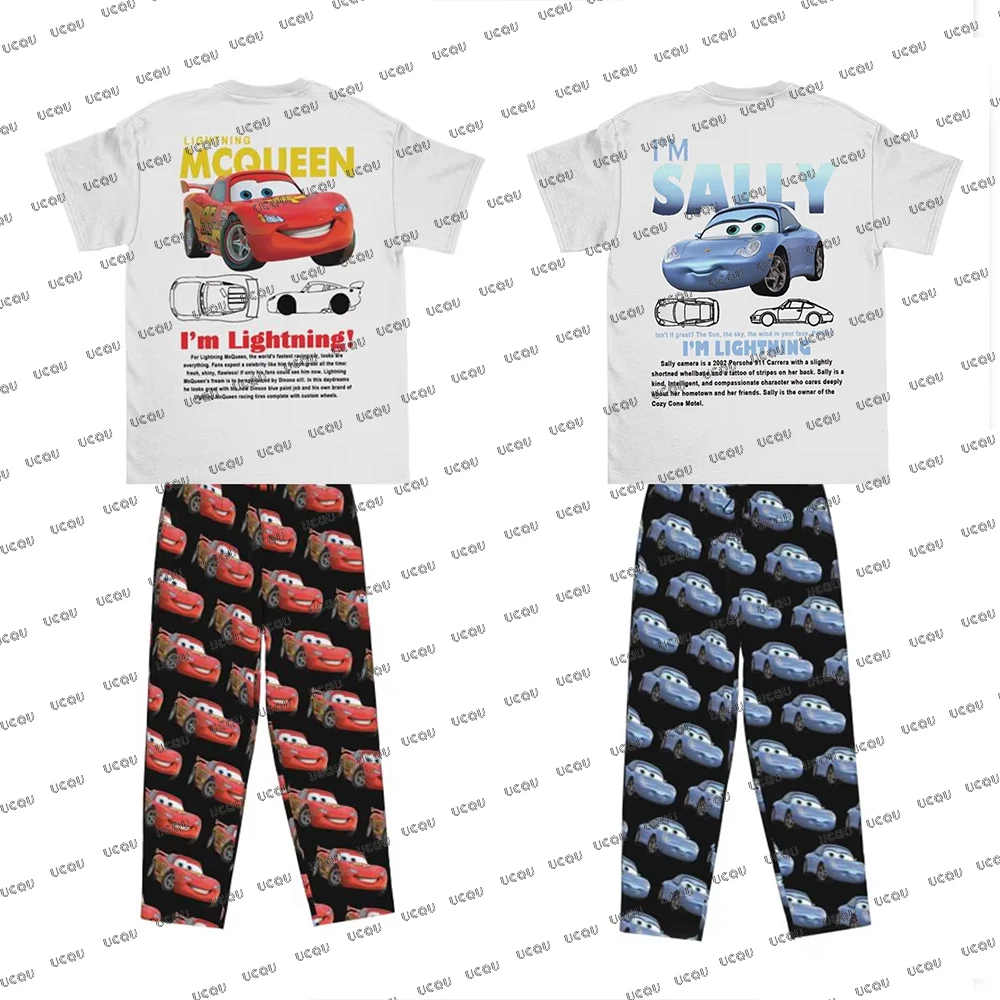 

Футболки Cars Lightning McQueen Sally, летние хлопковые футболки с пижамными штанами, домашний пижамный комплект, мужская и женская одежда