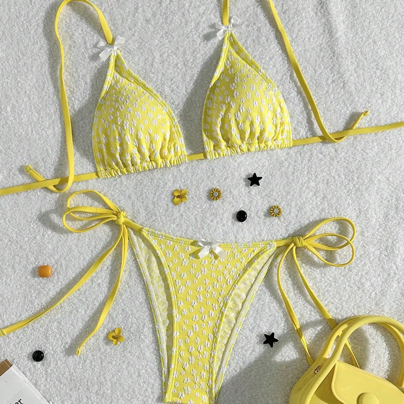 

Women Y2K Floral Print Bikini Set Sweet Triangle Halter Top with Tie Side Thong Bottoms Cute Bow Decor 2 Piece Swimwear Summer