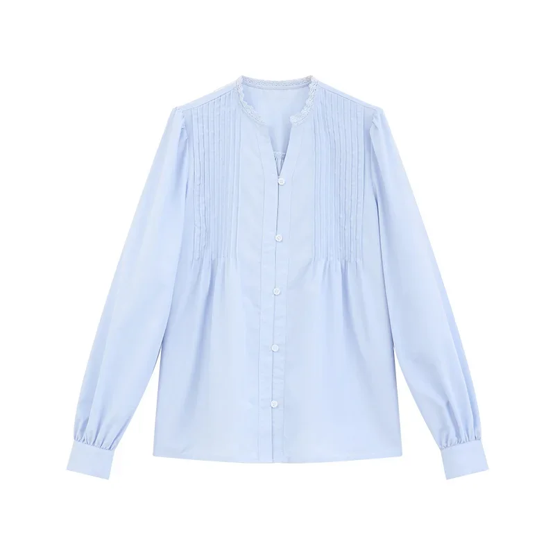 Blusa elegante con mangas abullonadas para mujer, camisa Vintage francesa con cuello en V, Top elegante de manga larga para otoño, ropa informal diaria o de oficina