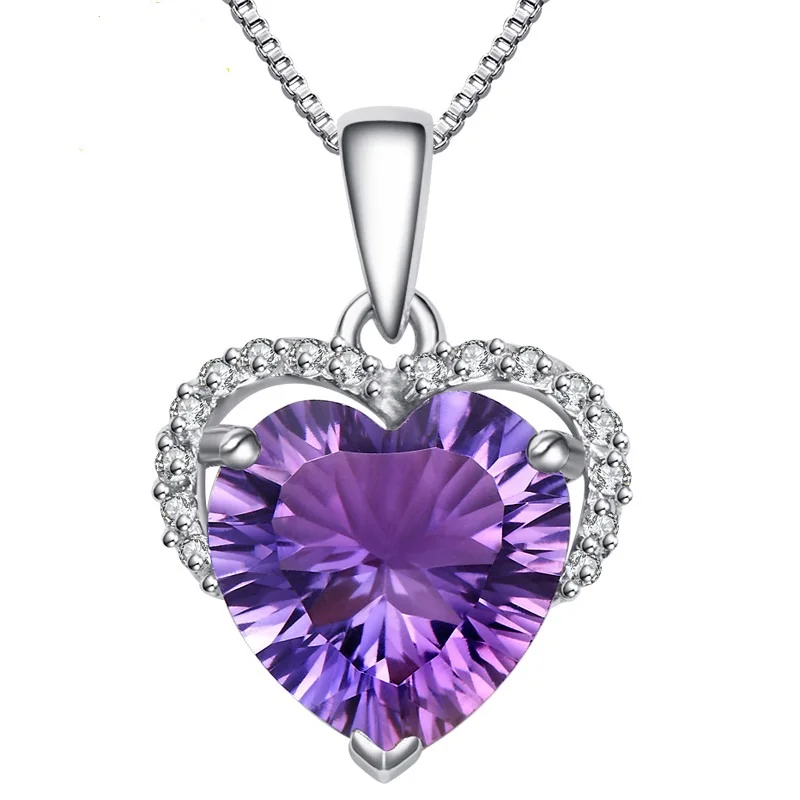 925 Sterling Silver Necklace Big 6ct Heart of the ocean Purple gemstone Wedding Pendant Necklace for Women Jewelry gift
