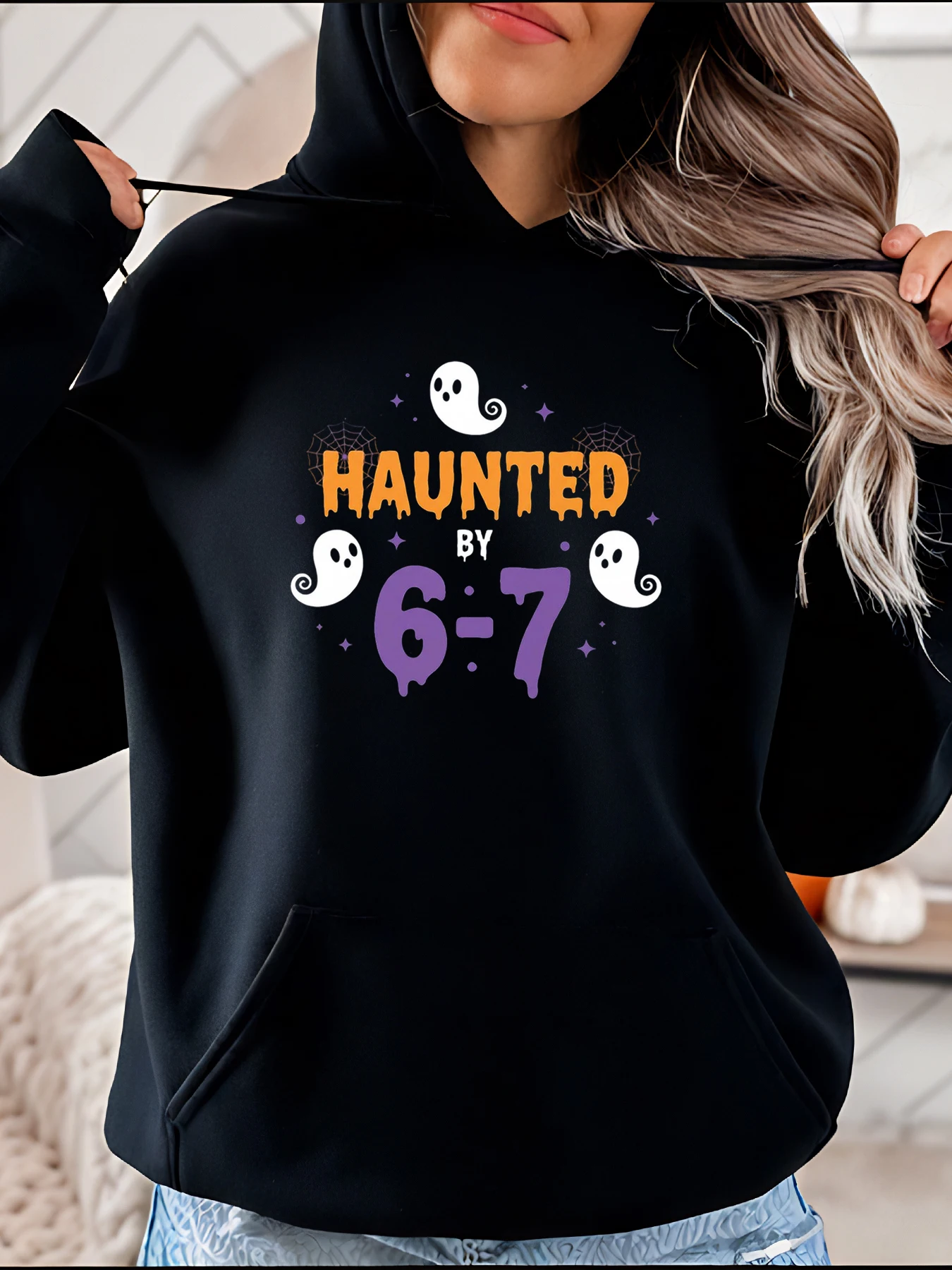 

Haunted by 6-7 Ghosts Print Halloween Hoodie Women's Casual Pullover Sweatshirt for Autumn Winter Party