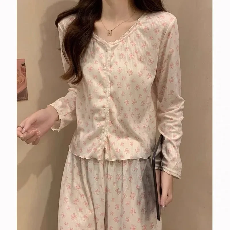 Pijama de manga comprida estilo princesa feminino, roupa de dormir, cardigã com gola redonda, traje floral, conjunto de duas peças, primavera, outono, novo, 2024