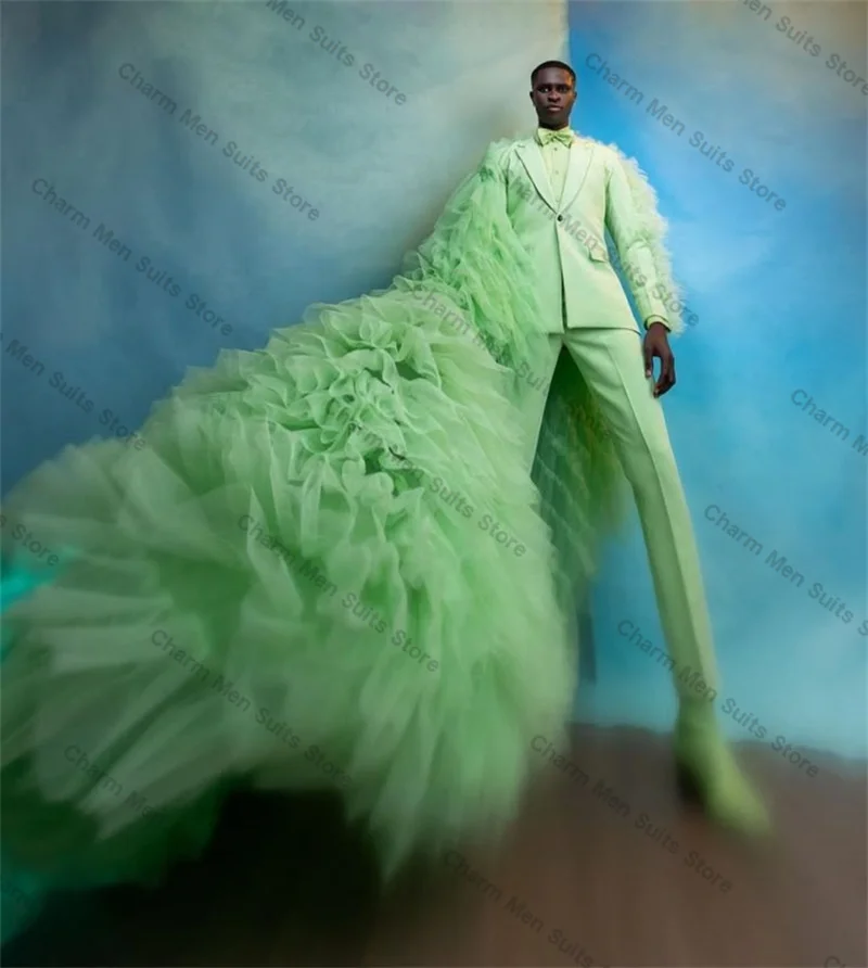Green Men Suits Pants Set 2 Piece Tiered Tulle Wrap Blazer+Trousers Customized Cotton Wedding Tuxedo Formal Office Prom Jacket