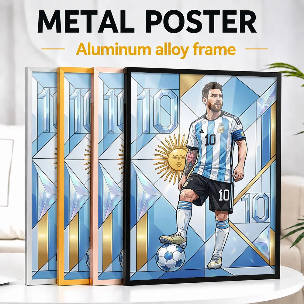 Lionel Messi Argentina Soccer Framed Aluminum Metal Poster Personalized Illustration Wall Art For Bedroom, Football Fan Gift