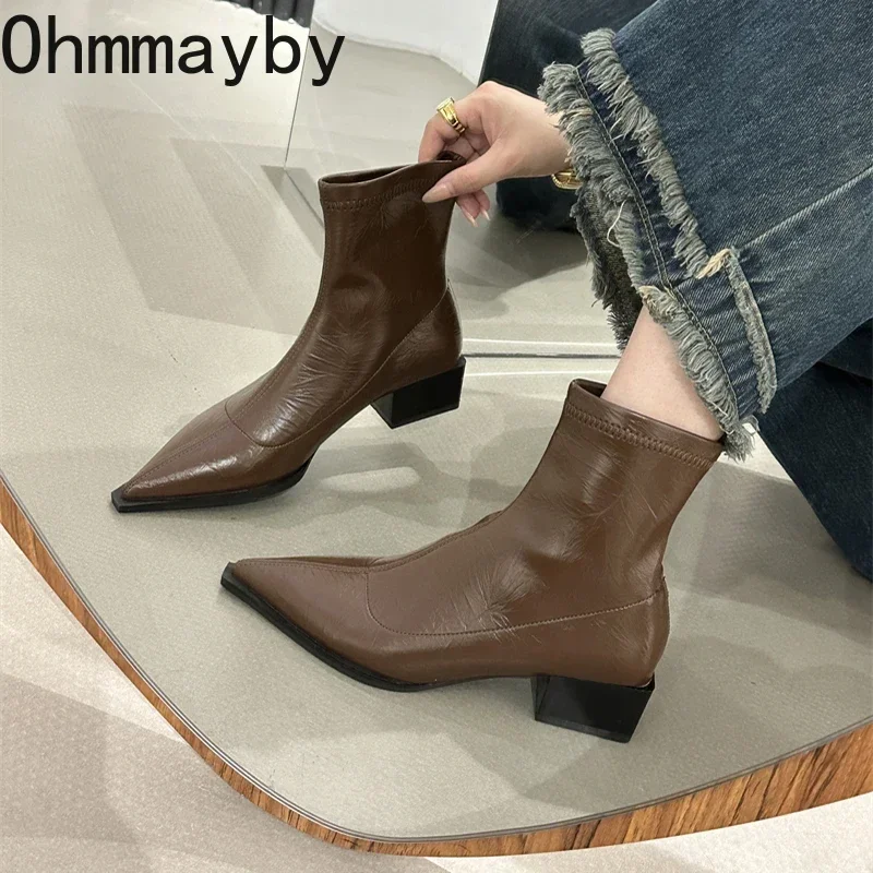 Autumn Women Ankle Boots Shoes Fashion Pointed Toe Ladies Short Boot Square Low Heel Casual Winter Women\'s Footwear